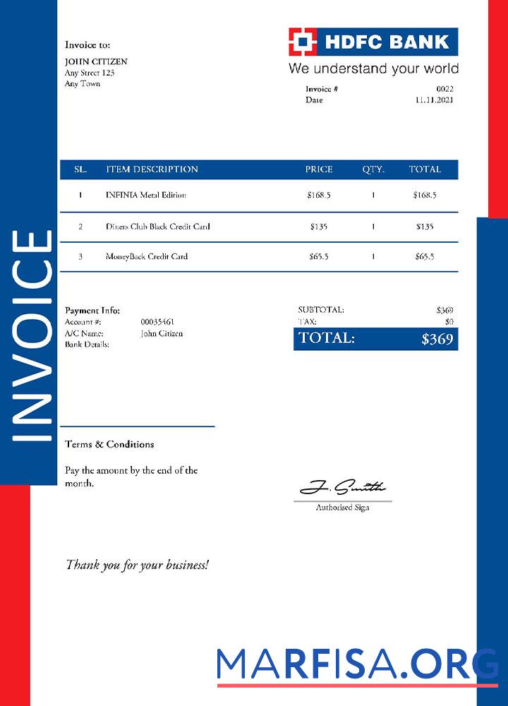 Realistic USA HDFC invoice template